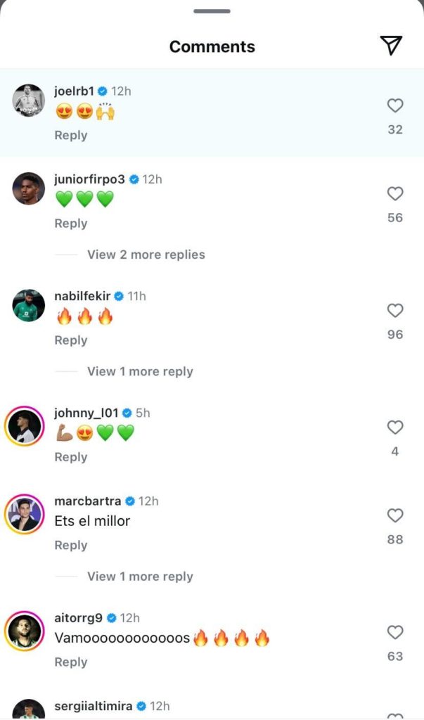 Screenshot of Junior Firpo and Joel Robles' comments on Marc Roca's Instagram