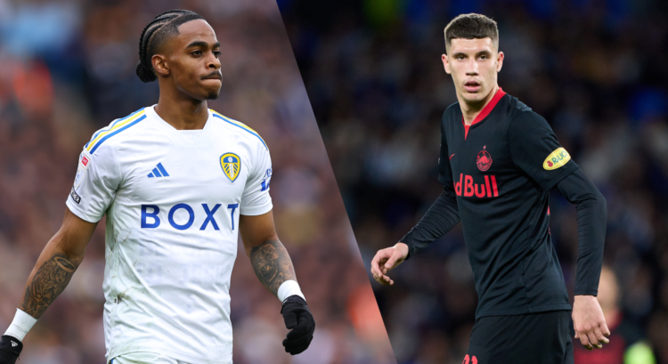 An image featuring Leeds United star Crysencio Summerville and RB Salzburg's Petar Ratkov.