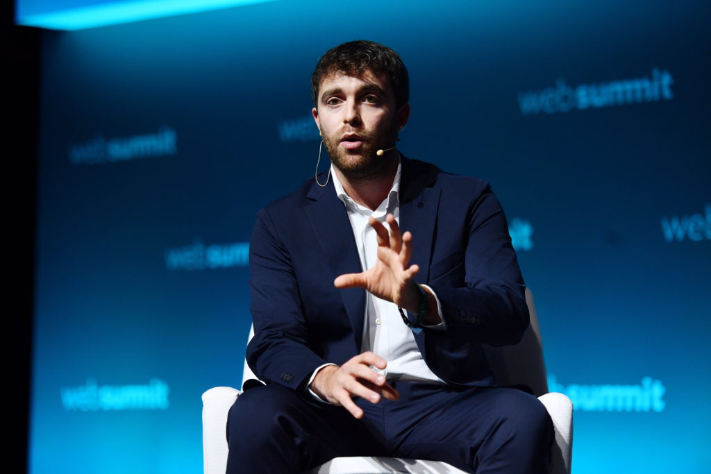 Journalist Fabrizio Romano on the SportsTrade Stage at the Altice Arena.