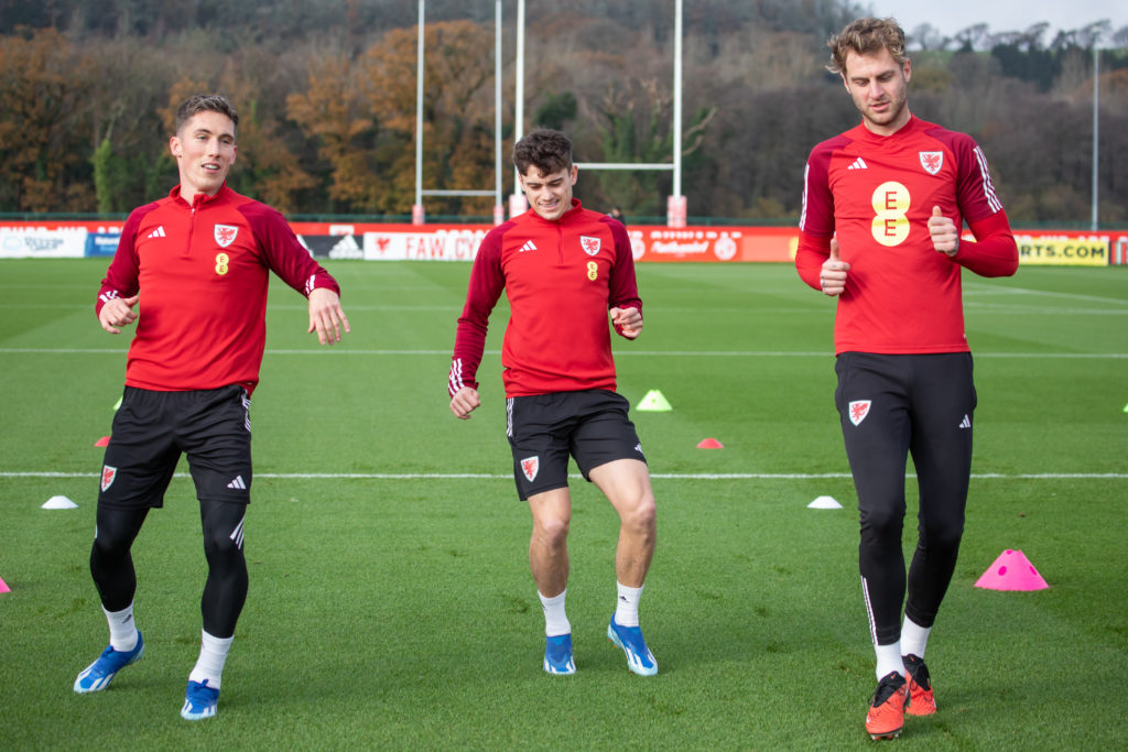 Harry Wilson, Joe Rodon and Dan James in Wales training.