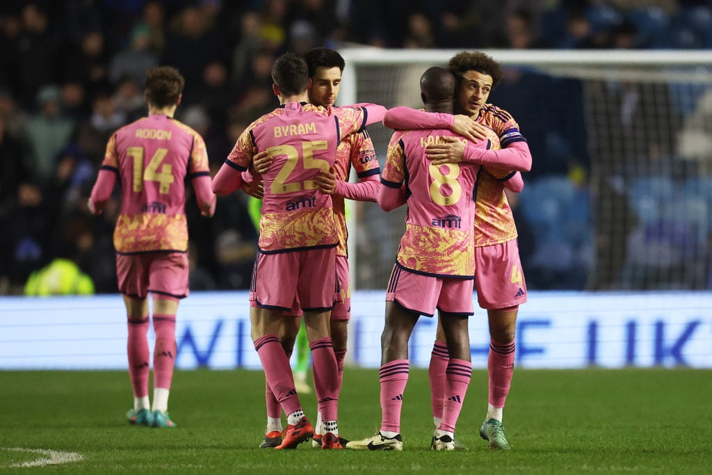 Leeds players celebrate a goal against Sheffield Wednesday.