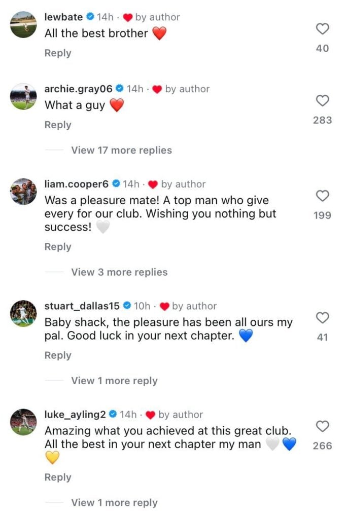 Screenshot of the comments under Jamie Shackleton's Instagram post