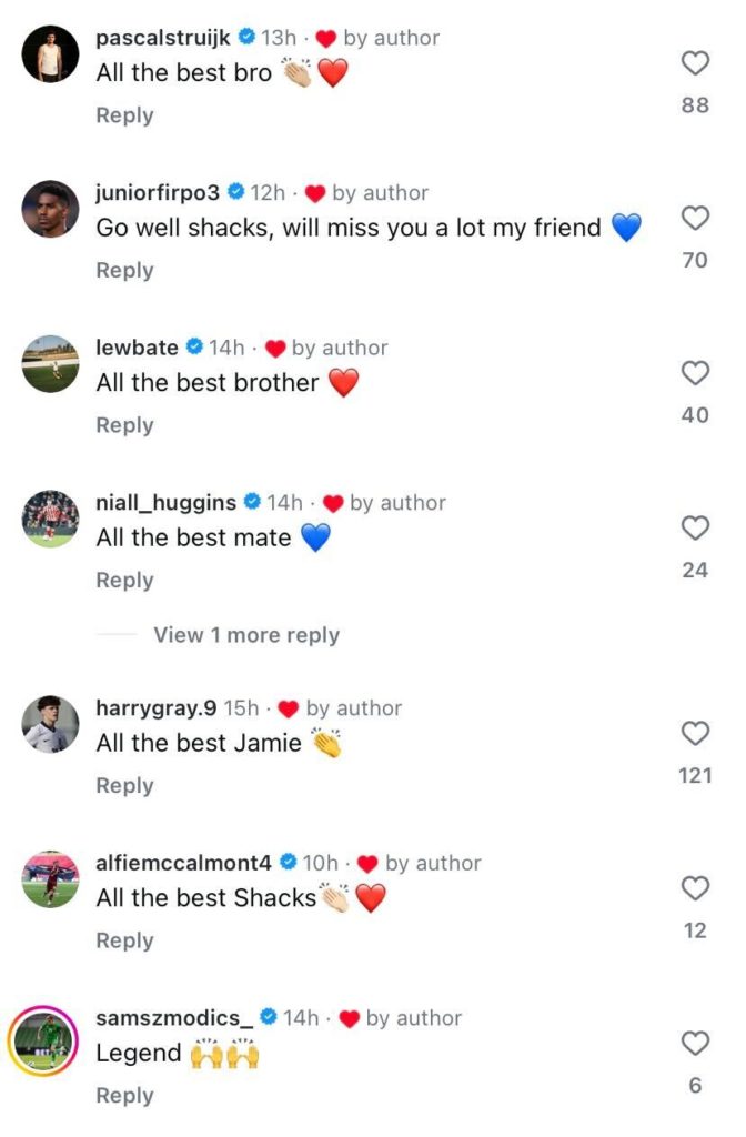 Screenshot of the comments from players under Jamie Shackleton's Instagram post