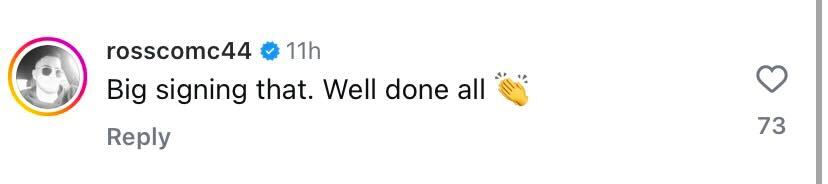 Screenshot of Ross McCormack's comment under Leeds United's Instagram post
