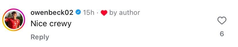 Screenshot of Owen Beck's comment on Charlie Crew's Instagram post
