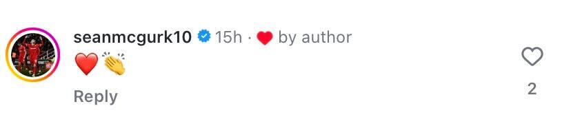 Screenshot of Sean McGurk's comment on Charlie Crew's Instagram post