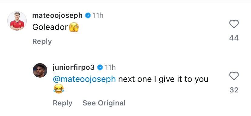 Screenshot of Mateo Joseph and Junior Firpo's comments under Firpo's Instagram
