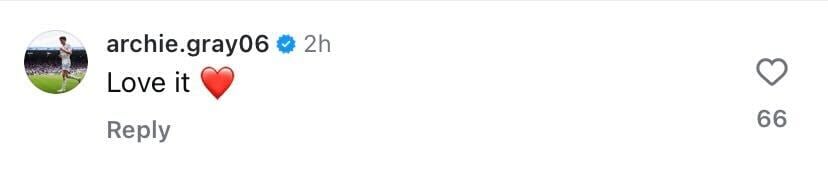 Screenshot of Archie Gray's comment under Harry Gray's Instagram post
