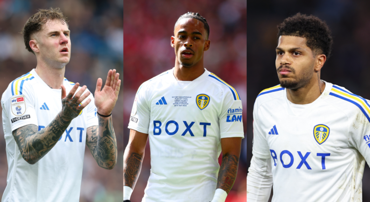 A composition of images featuring Leeds United stars Joe Rodon, Crysencio Summerville and Georginio Rutter.