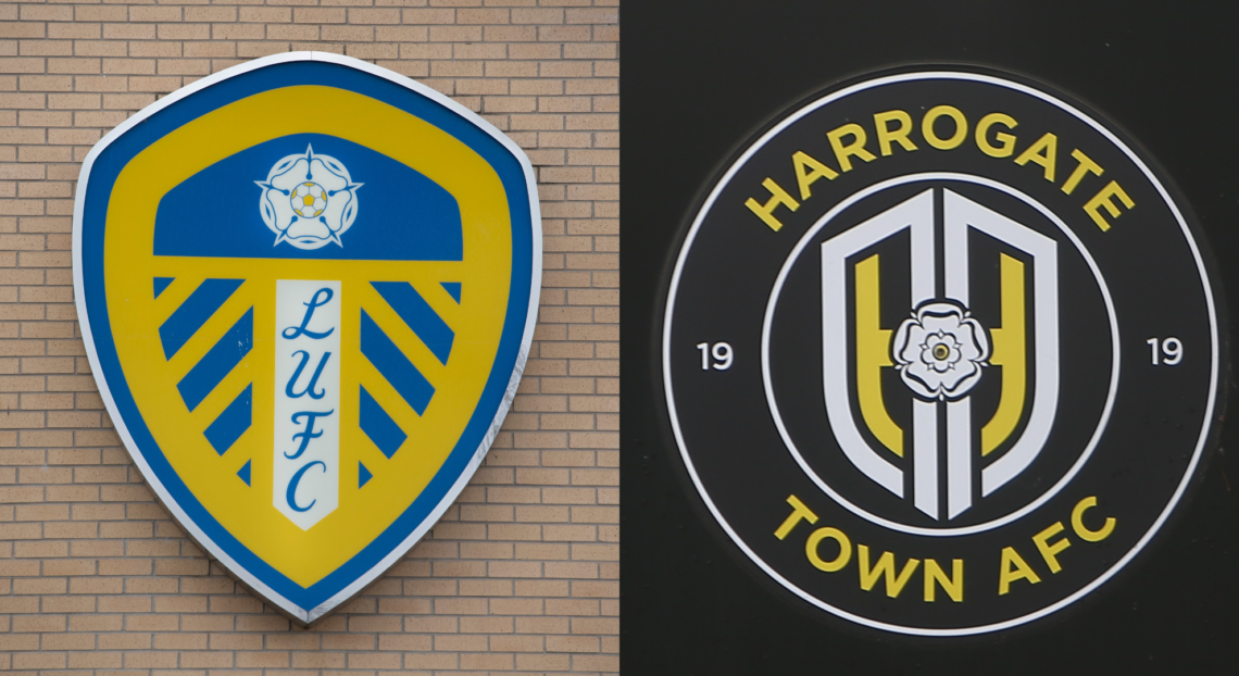 A composition of images featuring the Leeds United badge and Harrogate Town crest.