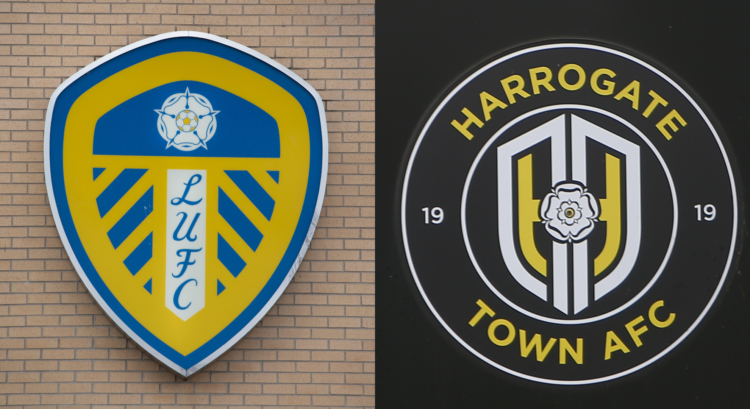 A composition of images featuring the Leeds United badge and Harrogate Town crest.