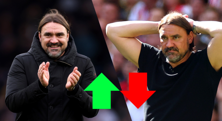 An image that features Leeds manager Daniel Farke applauding and one with his hands on his head, while an up and down arrow are present.