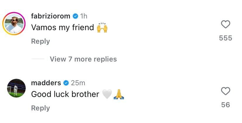 Screenshot of Fabrizio Romano and James Maddison's comments on Manor Solomon's Instagram