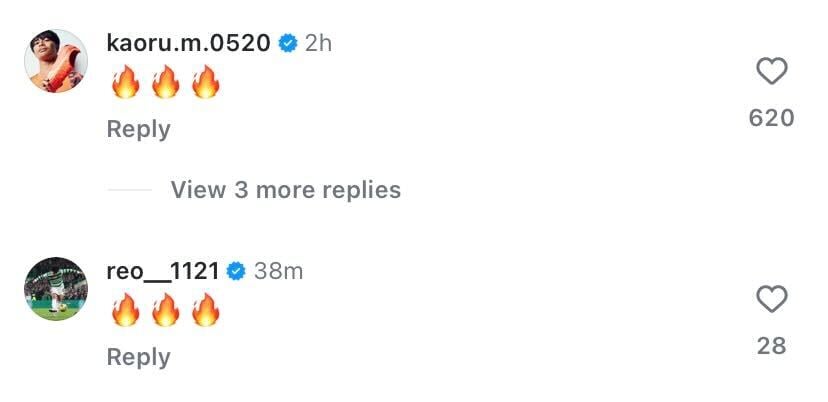 Screenshot of Kaoru Mitoma and Reo Hatate's comments under Ao Tanaka's Instagram
