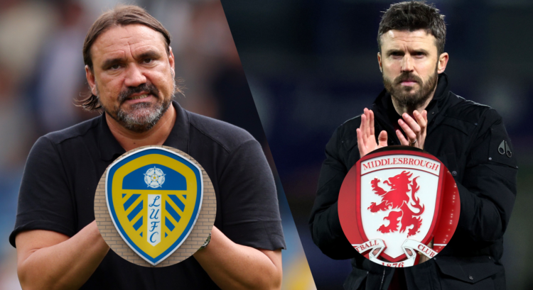 A composition of images featuring Leeds boss Daniel Farke and Middlesbrough manager Michael Carrick.