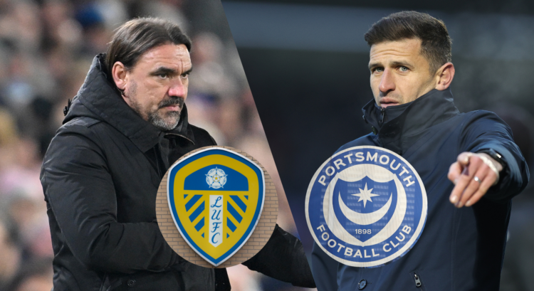An image of Leeds boss Daniel Farke and the Leeds badge alongside Portsmouth boss John Mousinho and the Portsmouth badge.
