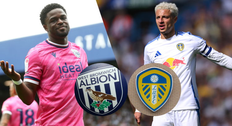 An image featuring Josh Maja, Ethan Ampadu alongside the West Brom and Leeds badges.