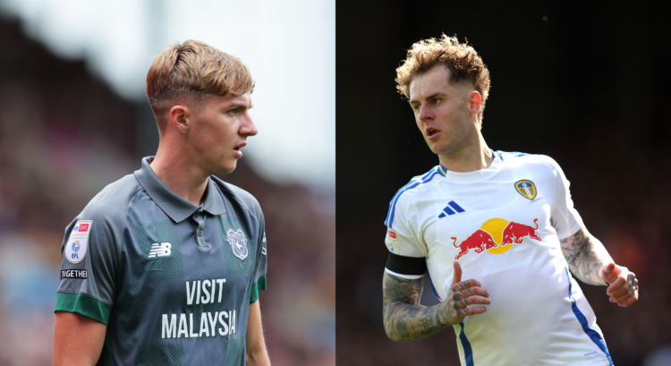An image featuring Cardiff City player Joel Bagan and Leeds United star Joe Rodon.