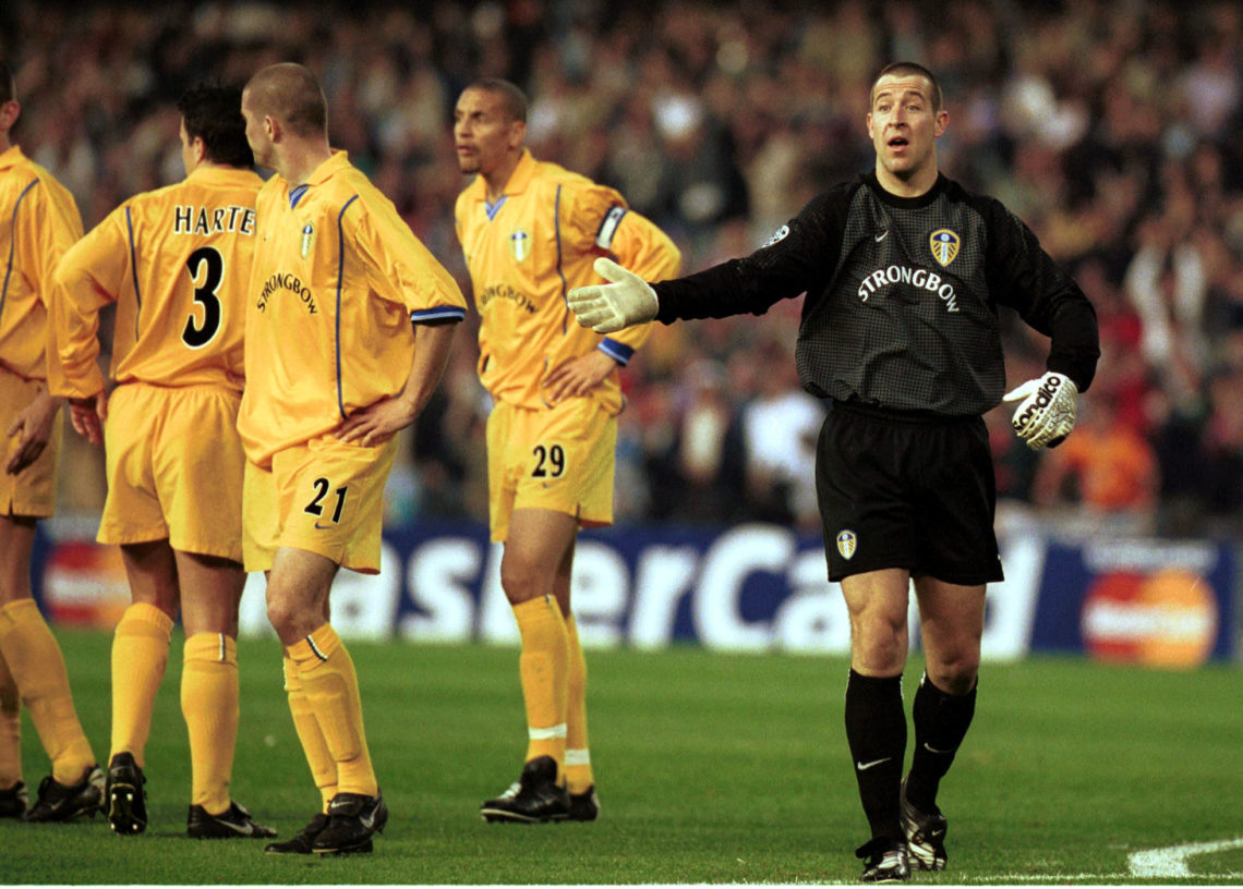 8 May 2001:  Nigel Martyn of Leeds protests at the first goal during the match between Valencia and Leeds United in the UEFA Champions League semi-...
