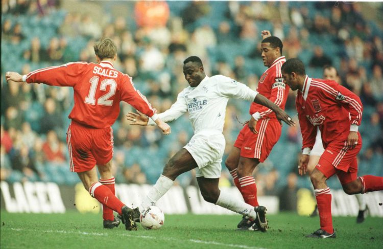 10 Mar 1996:  Tony Yeboah of Leeds takes on the Liverpool defence during the Leeds United v Liverpool FA Cup Quarter Final match at Elland Road, Le...