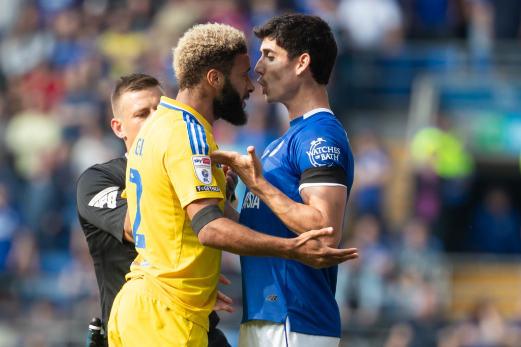 Jayden Bogle and Callum O'Dowda confront eachother during a game between Leeds United and Cardiff City.