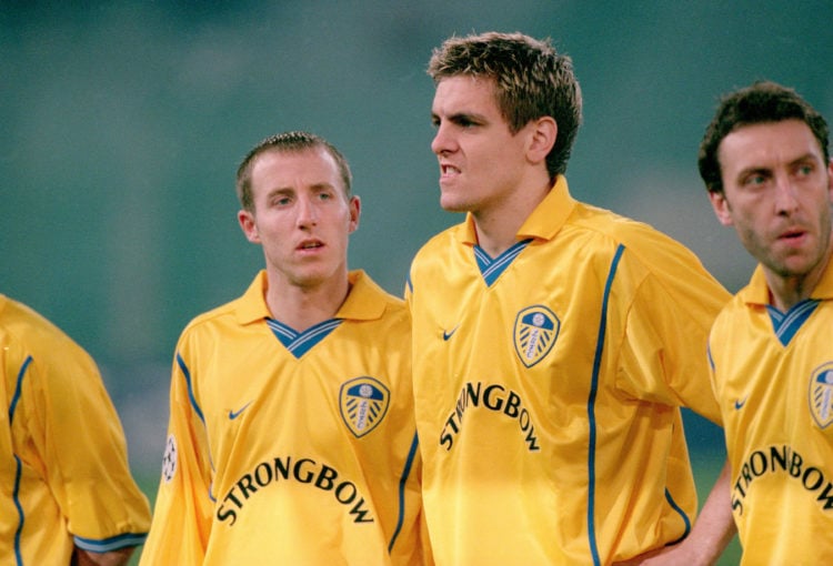 5 Dec 2000:  (left to right) Lee Bowyer, Jonathan Woodgate and Jason Wilcox of Leeds United in action during the UEFA Champions League match agains...