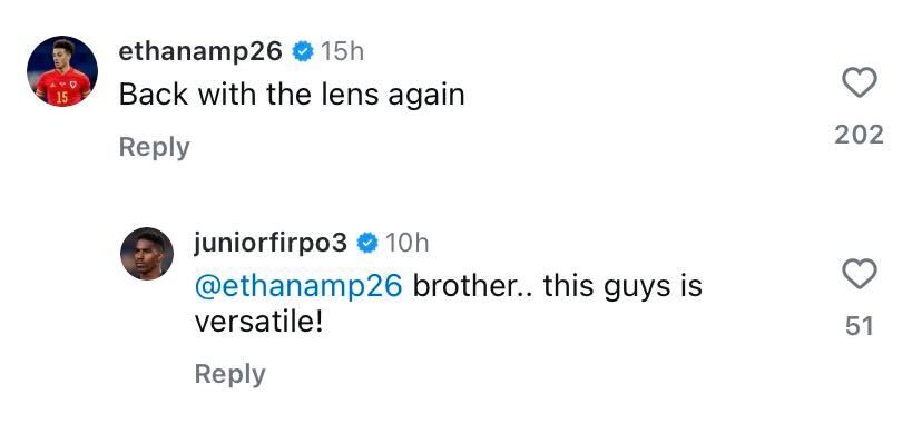 Screenshot of Ethan Ampadu and Junior Firpo's comments on Mateo Joseph's Instagram