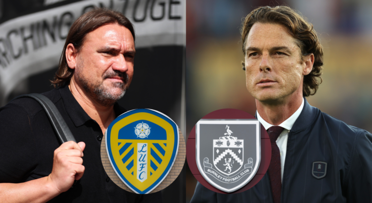 An image featuring Daniel Farke, Scott Parker and the Leeds and Burnley badges.