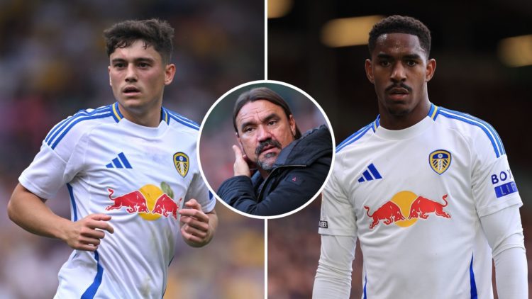 Split image of Junior Firpo and Dan James of Leeds. Inset, Daniel Farke.