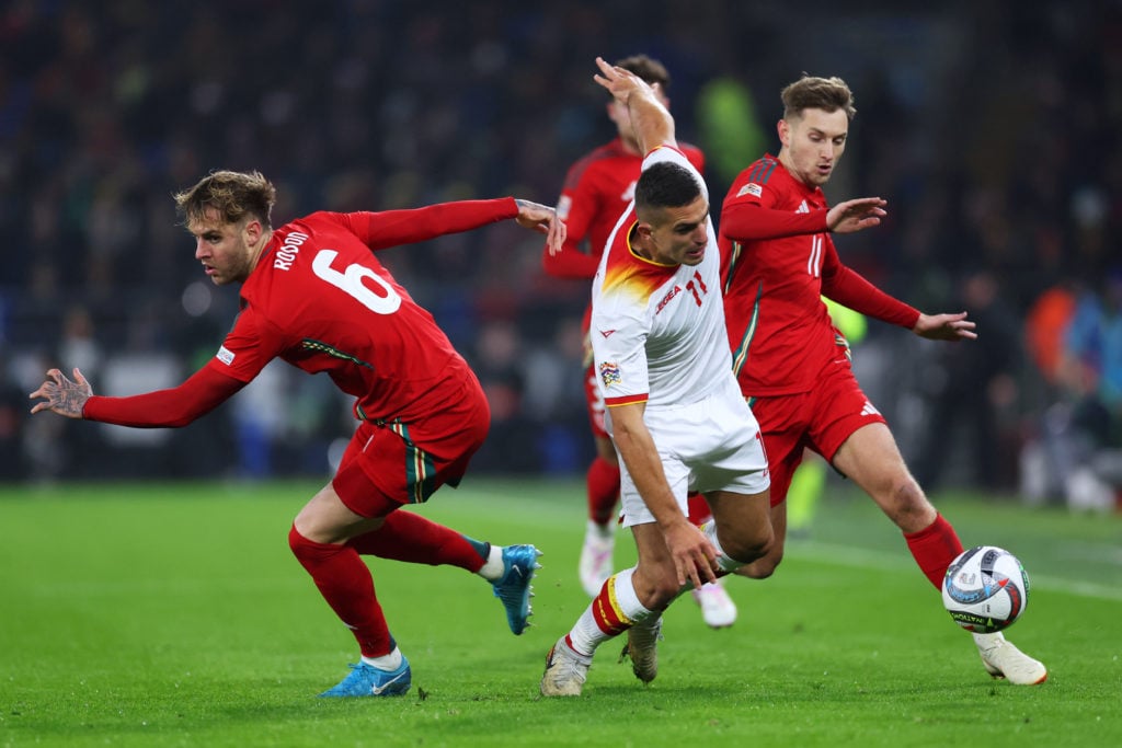 Nikola Krstovic in action against Leeds United's Joe Rodon for Montenegro against Wales.