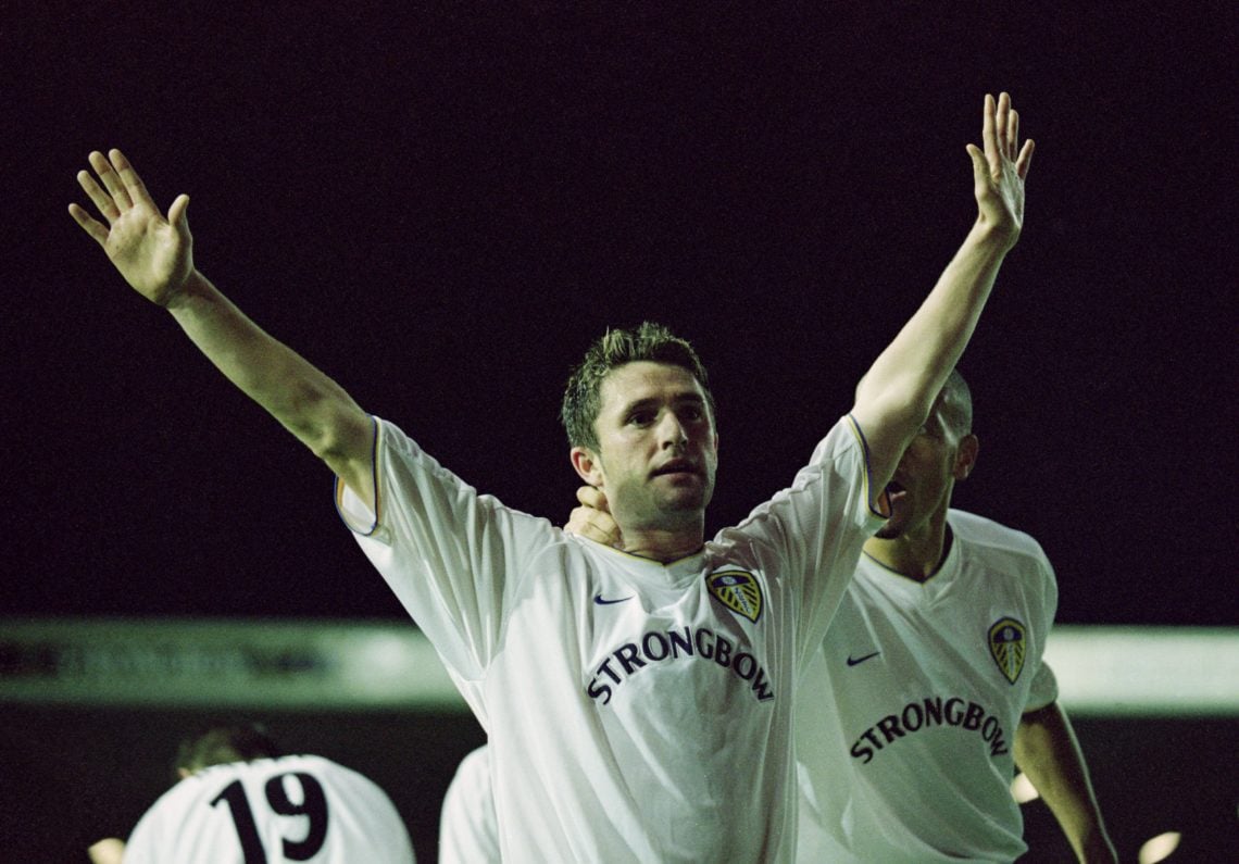 27 Sep 2001: Joy for Robbie Keane of Leeds as he scores a goal during the UEFA Cup Round One match between Leeds United and Maritimo played at Ell...