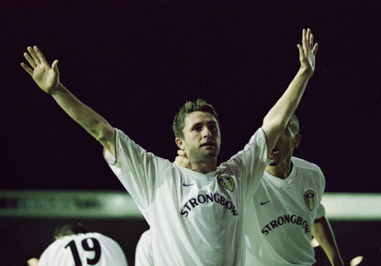 27 Sep 2001:  Joy for Robbie Keane of Leeds as he scores a goal during the UEFA Cup Round One match between Leeds United and Maritimo played at Ell...
