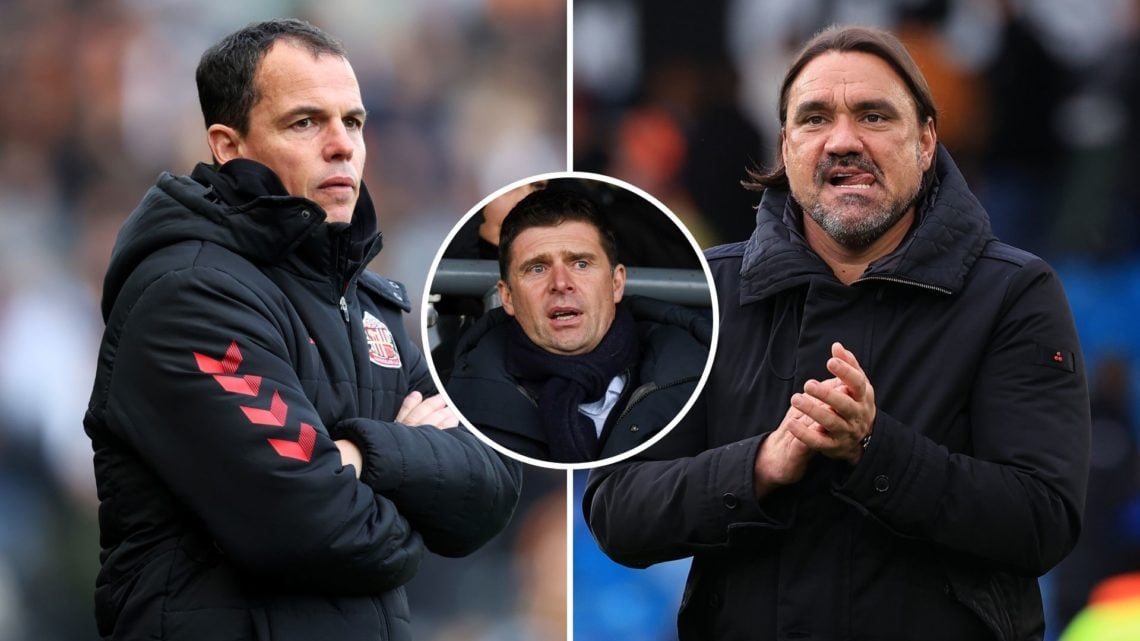 Split image of Regis Le Bris and Daniel Farke. Inset, Niall Quinn.