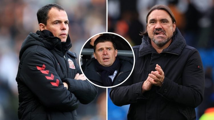 Split image of Regis Le Bris and Daniel Farke. Inset, Niall Quinn.