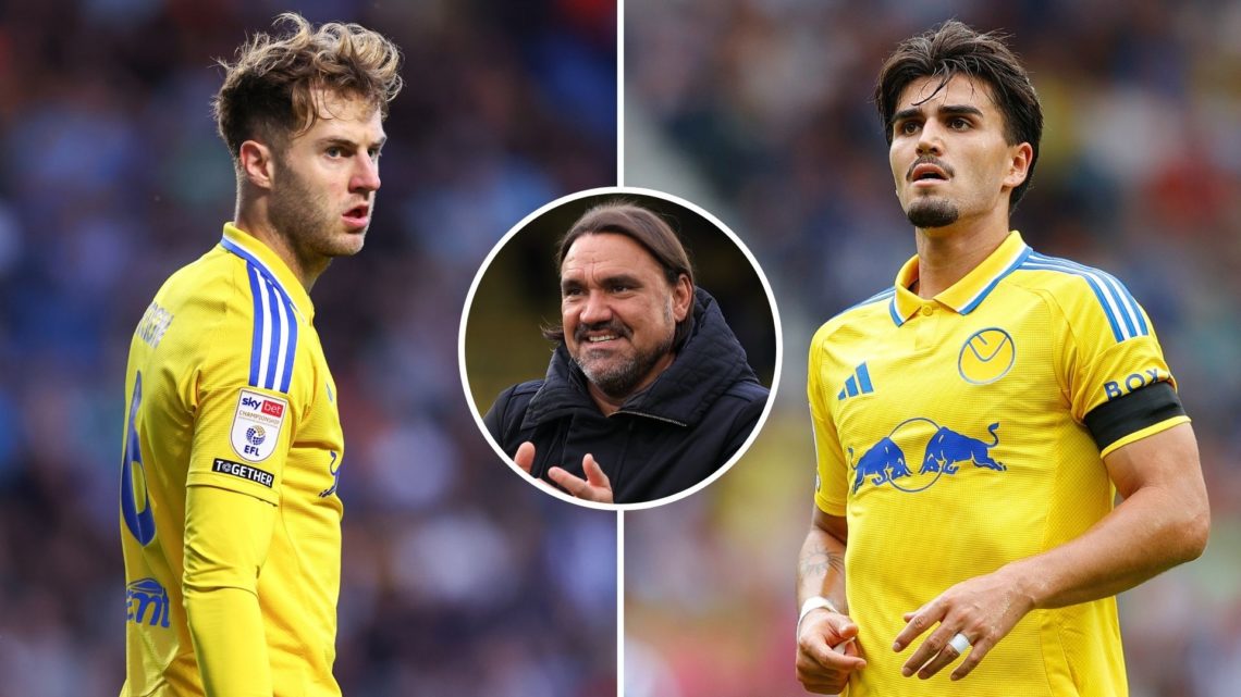 Split image of Joe Rodon and Pascal Struijk of Leeds United. Inset, Daniel Farke.