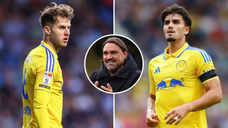 Split image of Joe Rodon and Pascal Struijk of Leeds United. Inset, Daniel Farke.