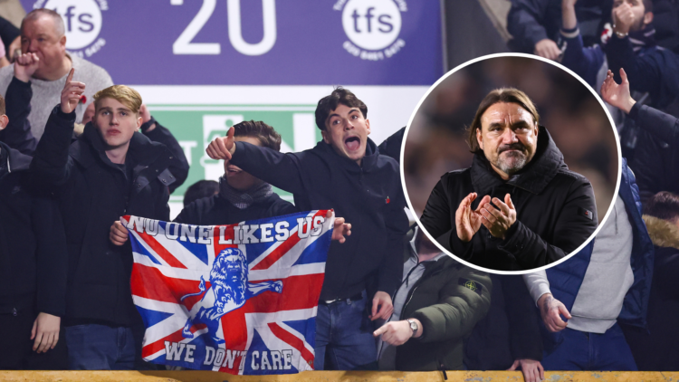 Millwall fans from last night's game, with an insert of Daniel Farke looking glum/frustrated