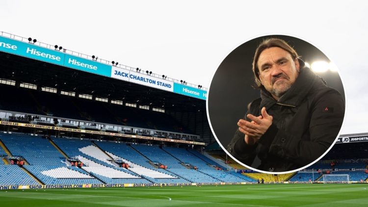 Daniel Farke inset over a general interior view of Elland Road.
