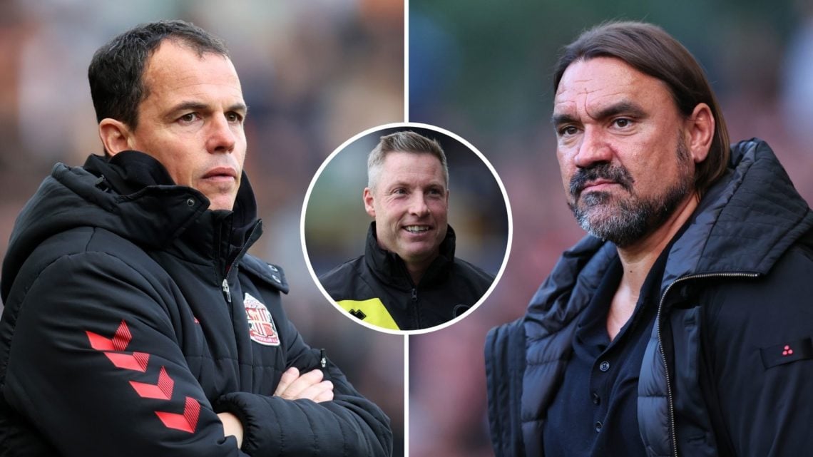 Split image of Regis le Bris and Daniel Farke. Inset, Neil Harris.