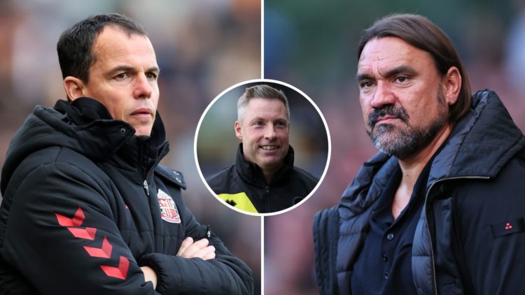 Split image of Regis le Bris and Daniel Farke. Inset, Neil Harris.