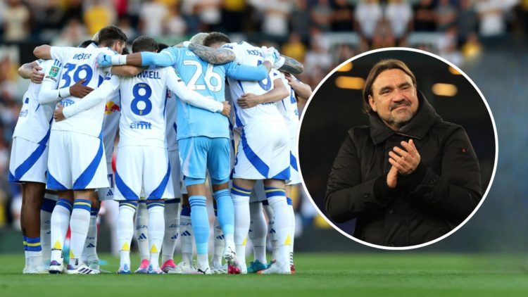 Leeds team huddle. Inset, Daniel Farke.
