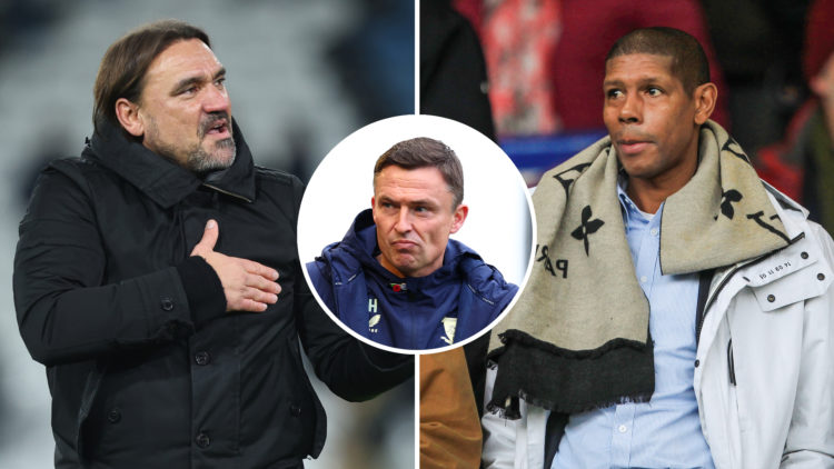 Split image of Daniel Farke and Cole Palmer. Inset, Paul Heckingbottom.