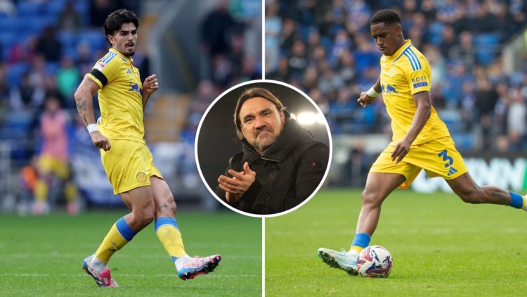 Split image of Pascal Struijk and Junior Firpo. Inset, Daniel Farke.
