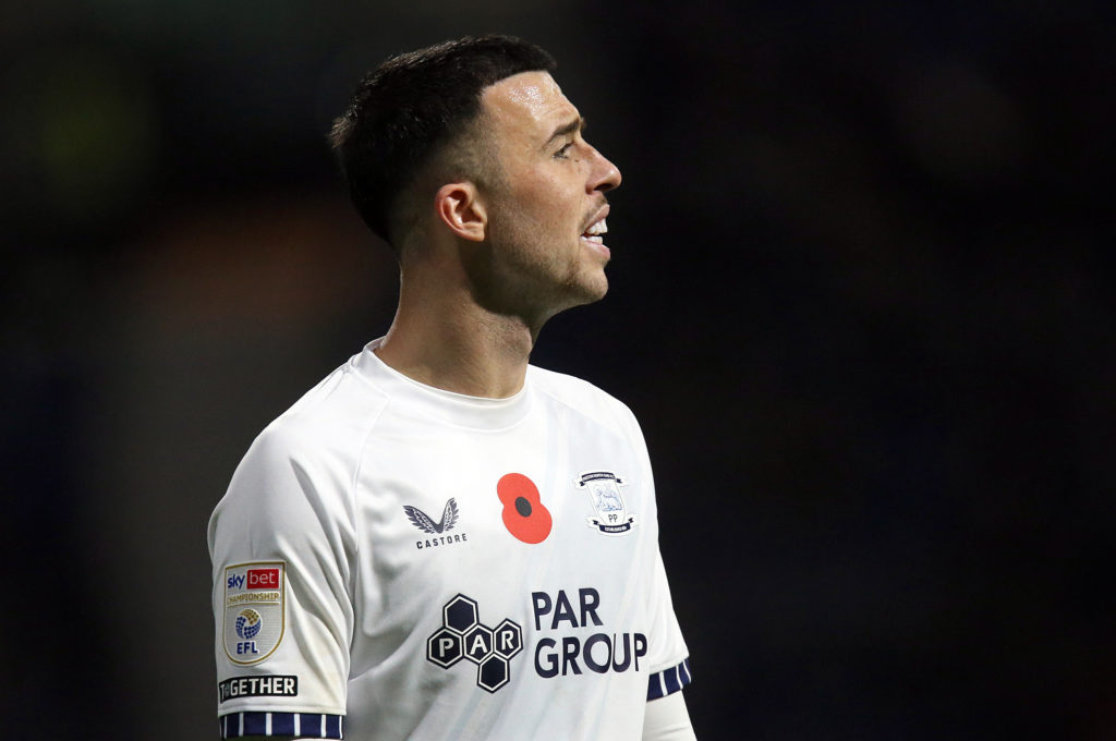 Sam Greenwood communicates with a Preston teammate during his loan.
