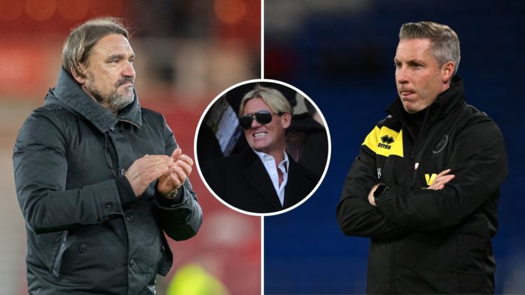 Split image of Daniel Farke and Neill Harris. Inset, Simon Jordan.