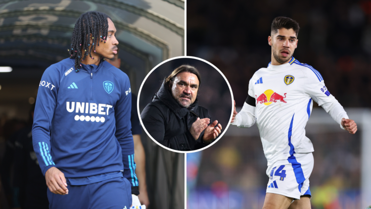 split of Djed Spence (playing for Leeds) (L), and Manor Solomon (playing for Leeds) (R), with an insert of Daniel Farke