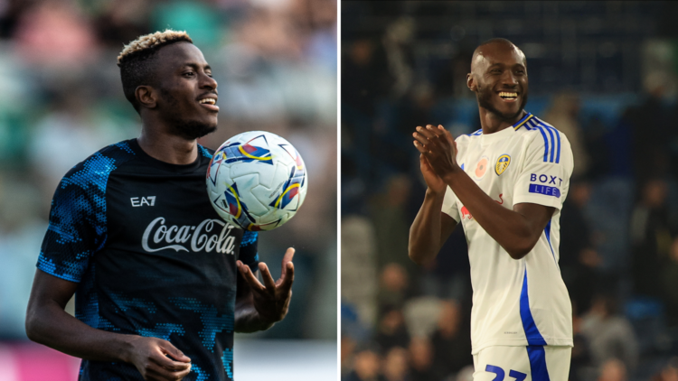 Split of Josuha Guilavogui playing for Leeds (R) and Victor Osimhen playing for Napoli (L)