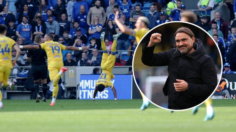 Largie Ramazani of Leeds United celebrates scoring his team's first goal. Inset, Daniel Farke.