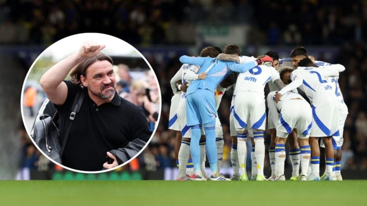 The Leeds United team huddle prior to the Sky Bet Championship match between Leeds United FC and Watford FC. Inset, Daniel Farke.