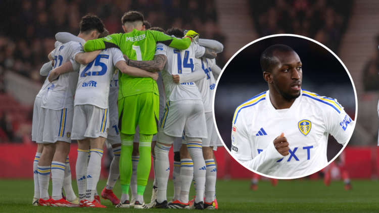 Leeds squad in a huddle and an insert of Glen Kamara